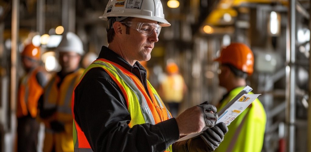 A photorealistic image of a safety manager conducting a safety audit on an industrial construction site. The manager is reviewing worker IDs attached to workers' helmets. Workers are wearing protective gear, including high-visibility vests, hard hats, and safety gloves. In the background, industrial equipment and scaffolding are visible, with a focus on ensuring compliance with safety standards. The scene is brightly lit, emphasizing the importance of worker safety in hazardous environments. --ar 3:2 --style raw --v 6.1 Job ID: ee0a253a-b0fe-4282-ad4d-ddd2d4be5fa7