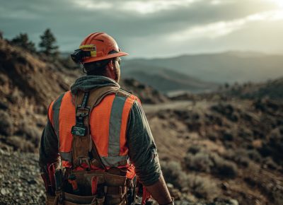 A lone field worker in a rugged outdoor environment, wearing a high-visibility vest, hard hat, and carrying tools, with an emergency ID tag clearly visible on their chest strap. The setting is remote--forestry terrain or industrial landscape. Realistic photography style, dramatic lighting, safety-focused, professional look. --ar 4:3 --v 7 Job ID: 9f9c1d12-81a5-448f-bc23-16d7954b5036